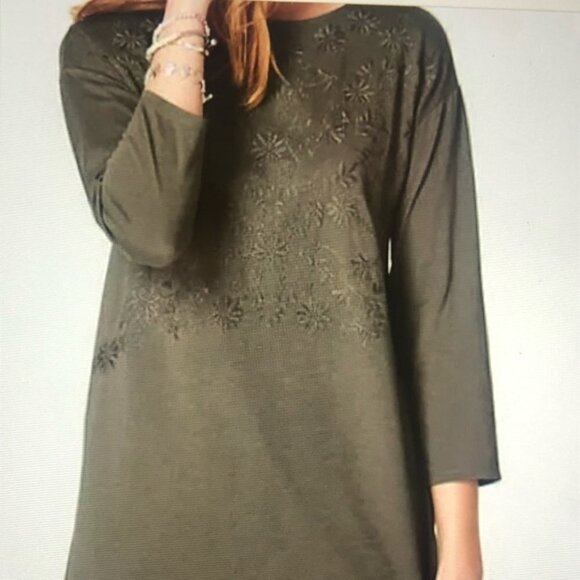 J. Jill Tops - J. Jill Embroidered Olive Green Tunic with 3/4 sleeves size M
